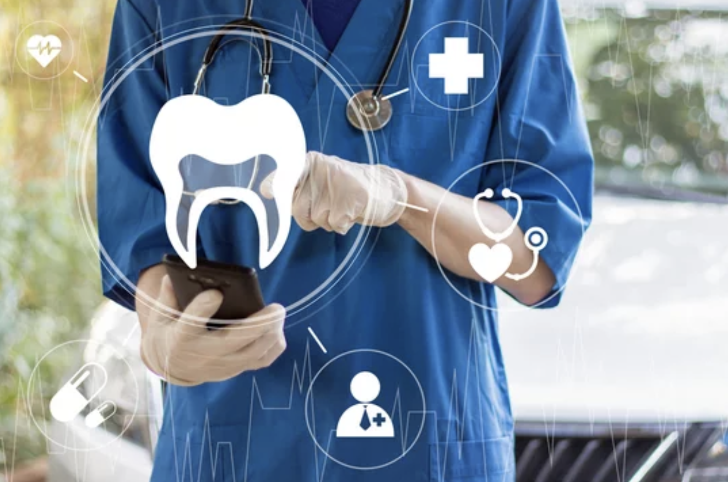 close up of person holding phone with imagery of dental emergency dentist in Strongsville Ohio